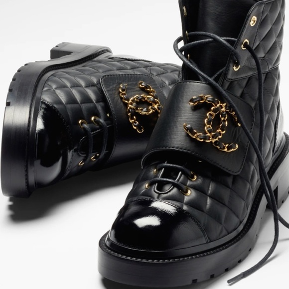 CHANEL Shoes - Chanel Lace Up Calfskin & Shiny Calfskin Leather Boots